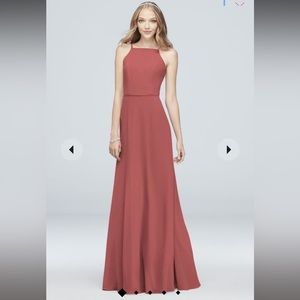 David’s bridal style F19936 chiffon high-neck bridesmaid dress in Wisteria